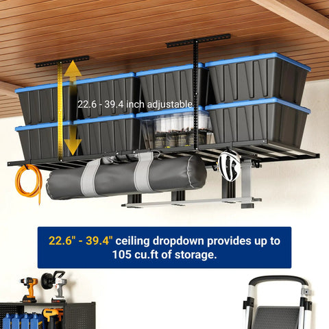Overhead Garage Storage Rack With 6 Hooks Heavy Duty Metal Ceiling Mount Adjustable Drop Down From 22.6 To 39.4 Inches Black Lite Series Maximize Floor Space By Storing Tools And Gear Up High, showing storage bins and hanging tools.