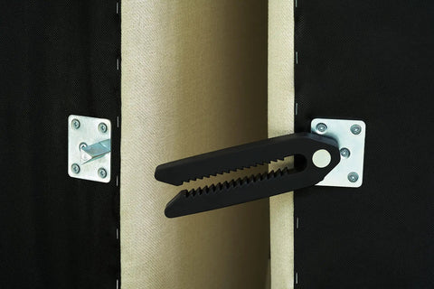 Heavy Duty Steel Couch Clamps Keep Your Section Locked Down Adjustable Non Slip Sofa Connectors showing a black sturdy clamp in use.