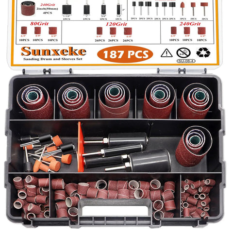 187 Piece Sanding Drum Kit For Drill And Drill Press With Grit Sleeves And Rubber Drums in a storage case showing various drum sizes and grit options.