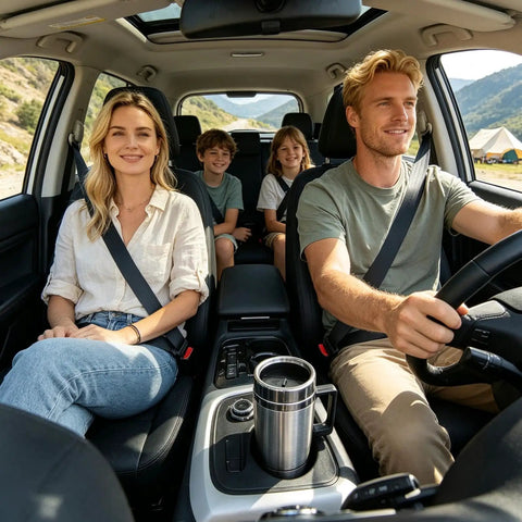 12V And 24V Car Kettle Heats Fast Stainless Steel Travel Mug For Sedans positioned in a car holder with family during a trip.