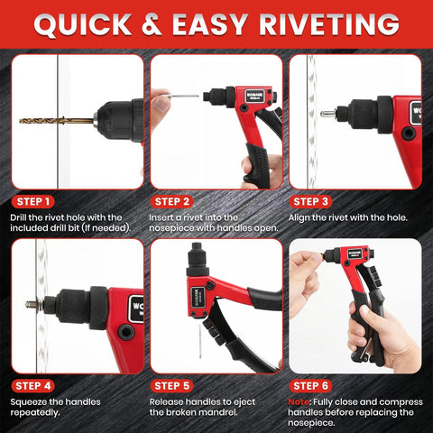 Rivet Gun Kit With 430 Aluminum Rivets, 4 Drill Bits And Protective Gloves In Portable Carrying Case For Home Workshop And Sheet Metal Projects, Great For Repairs And DIY Metalwork, step-by-step use guide