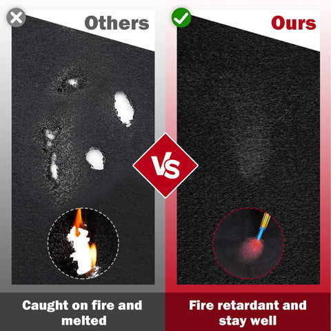 Comparison of Carbon Fiber Welding Blanket Heat Shield 1800F Fireproof 20-Inch By 20-Inch versus other material showing fire resistance.