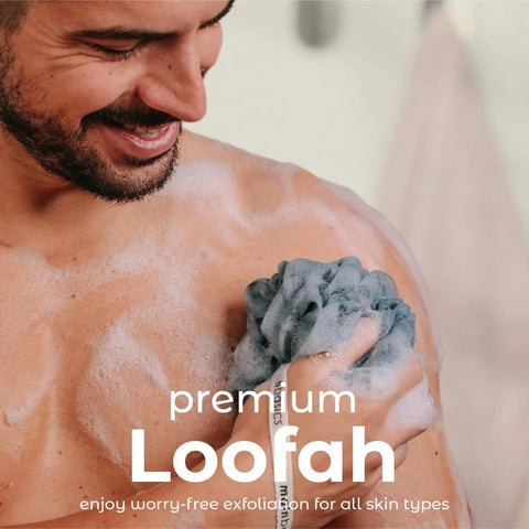 Man using Set of 3 Soft Mesh Bath Shower Loofah Sponges Pouf Body Scrubbers For Gentle Exfoliation And Deep Cleanse With Spa Quality