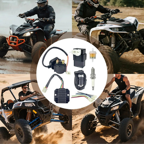High Performance Ignition Coil Kit With 6 Pin AC CDI Box Voltage Regulator Rectifier Solenoid Relay D8TC Spark Plug And Fuel Filter For CG150cc 200cc 250cc Engines Chinese ATV Quad Go Kart Parts displayed with various ATVs
