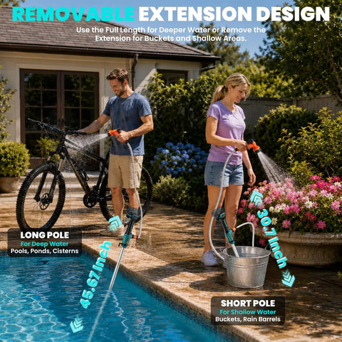 Ripper Cordless Stick Water Transfer Pump Features Brushless Motor For Slick 720 Gallons Per Hour Flow And Thirty Five Foot Lift To Drain Any Tank Fast Compatible With 18V Batteries Tool Only with removable extension in use.