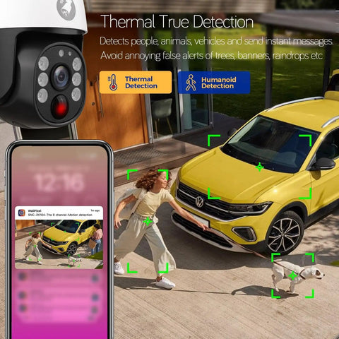 No Monthly Fee Solar Wireless Security Camera Outdoor With PTZ And AI Tracking Color Night Vision Thermal Detection 5G Dual Band WiFi 6 Self Powered By Solar Weatherproof in action detecting humans and vehicles