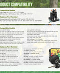 Product compatibility chart for Dual Keys Ignition Kit With Starter Solenoid Relay For Riding Mowers, includes Cub Cadet and MTD models.