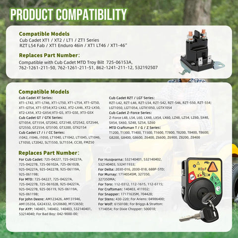 Product compatibility chart for Dual Keys Ignition Kit With Starter Solenoid Relay For Riding Mowers, includes Cub Cadet and MTD models.