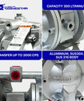Heavy Duty 3/8 Double Air Diaphragm Pump Rock Solid Aluminum Body Teflon Valves Handles Chemical Waste Oil Paint Jobs Works Like A Champ Smooth Operator Design close-up showing capacity and materials.