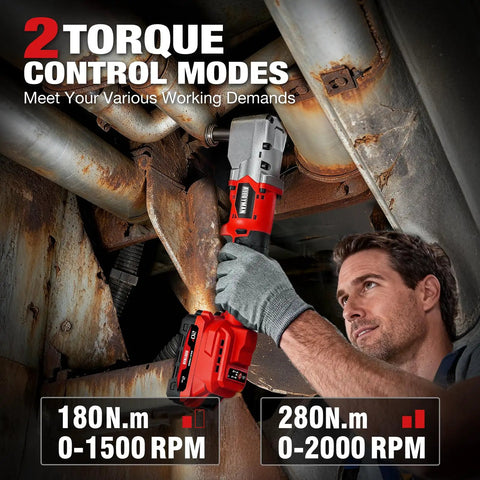 Compact 20V Brushless Right Angle Impact Wrench With Half Inch Square Drive Produces 207 Foot Pounds Max Torque in action with flexible torque settings.