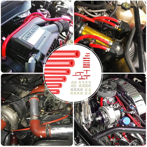 Top Tier Vibrant Red Silicone Vacuum Hose Kit With 6 Sizes 10 Feet Plus 128 Matching Connectors And 24 Spring Clamps For High Pressure Automotive Performance Mods in engine bays