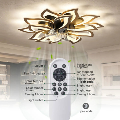 AMZSTAN 35 Inch Modern Flower Ceiling Fan with Light and Remote, 15-Leaf in white with remote showing controls and settings.