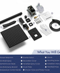 Parts for the 10 Inch Matte Black Shower Set With Square Rain Head And Handheld, Wall Mounted Rainfall Fixtures, shown in layout.