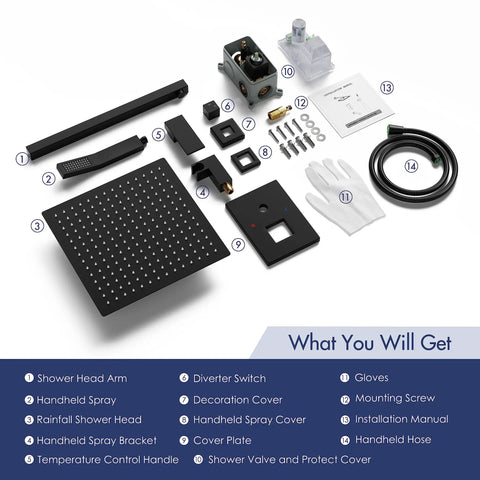 Parts for the 10 Inch Matte Black Shower Set With Square Rain Head And Handheld, Wall Mounted Rainfall Fixtures, shown in layout.