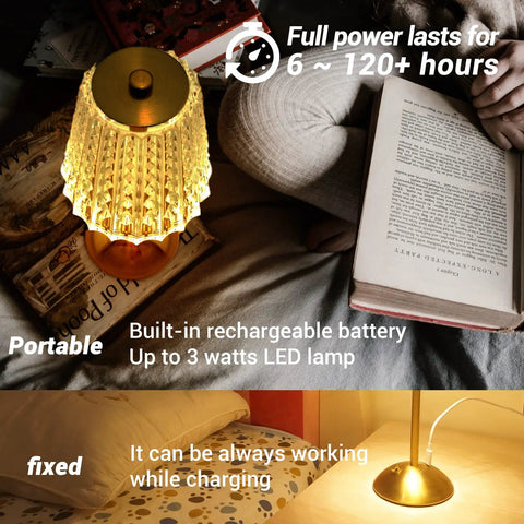 Cordless Table Lamp With Rechargeable Battery, LED Touch Lamp, Crystal Gold Metal Desk Light on a bed and desk