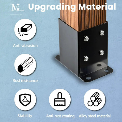 8 Pack 6x6 Post Bases Real Size 5.5x5.5 Black High Strength Alloy For Decks Gates Fences Mailboxes Street Lamps And Handrails With Screws For Easy Installation showing anti-abrasion and rust resistance features.