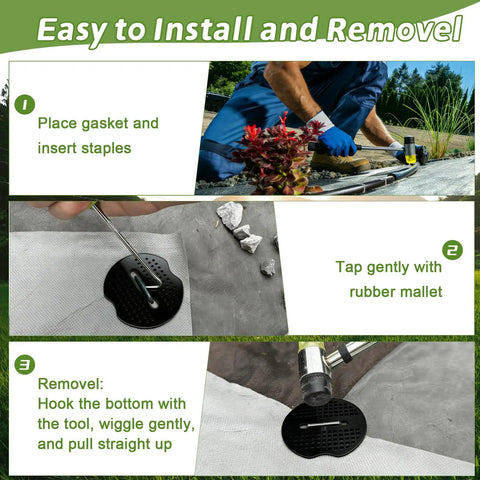 Steps for using 6 Inch Garden Stakes Kit With 100 Heavy Duty Staples, 100 Protective Gaskets, Pick Hook And Rubber Mallet
