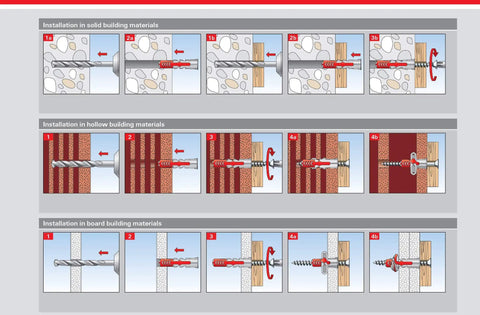 Installation guide for DuoPower Universal Wall Anchors for concrete, brick, drywall, and wood with self-locking system.