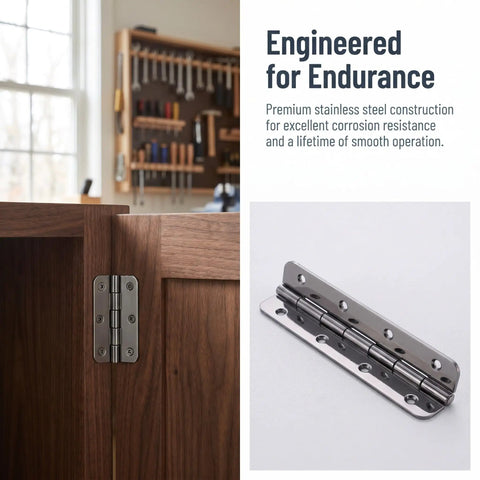 2 Piece Heavy Duty Stainless Steel Piano Hinge 5 Inch Black mounted on wooden cabinet for toolbox and storage use.