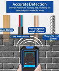 Precision Wall Scanner And Metal Detector Stud Finder For Sniping Wood Nails AC Live Wires And Copper Pipes With Bright LCD Panel detecting wood, live wire, and metals.