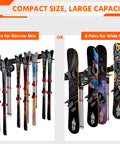 Wall Mounted Ski Rack With Extra Boot Hooks, Garage Game Changer Holds Eight Pair Skis, narrow skis and wide skis displayed on rack.