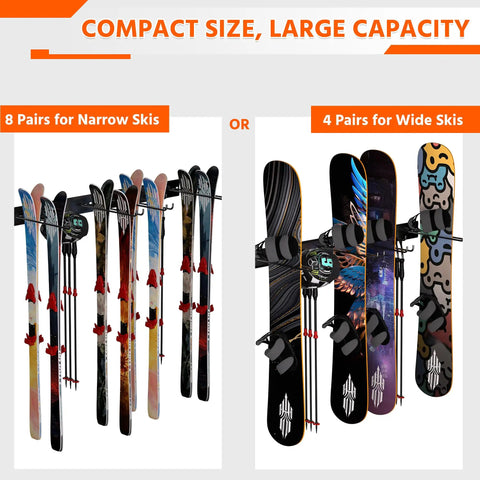 Wall Mounted Ski Rack With Extra Boot Hooks, Garage Game Changer Holds Eight Pair Skis, narrow skis and wide skis displayed on rack.