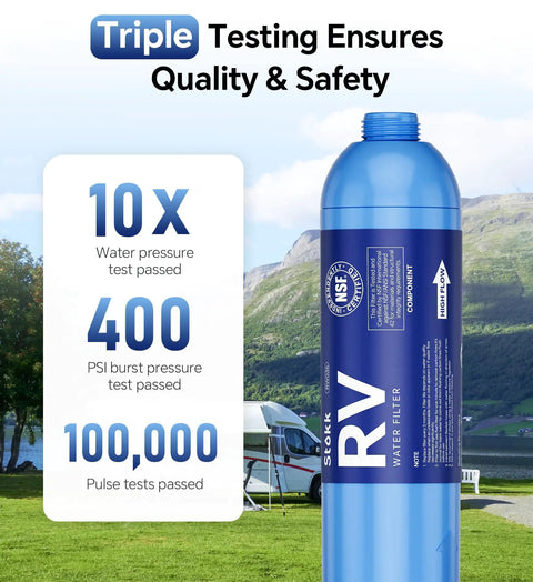 RV Water Filter With Flexible Hose Protector Inline Hose Filter For Camper And Pool, NSF Certified, testing specifications.