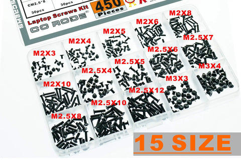 Heavy Duty 450 Pc Assorted Fastener Pack M2 M2.5 M3 Screw Kit with various sizes in black alloy steel for laptop repairs.