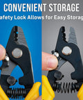 Three Hole Fiber Optic Stripper With Angled Jaw And Safety Lock shown open and closed with convenient storage feature.