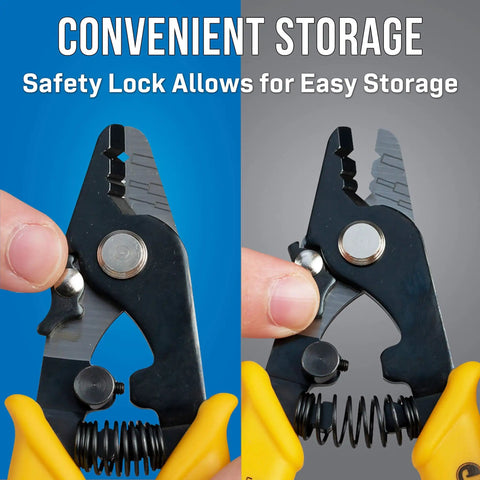 Three Hole Fiber Optic Stripper With Angled Jaw And Safety Lock shown open and closed with convenient storage feature.