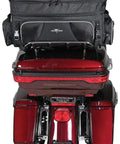Route 1 Traveler Tour Trunk Bag for Motorcycles on Harley Davidson, black UltraMax fade-resistant material, mounted on red bike