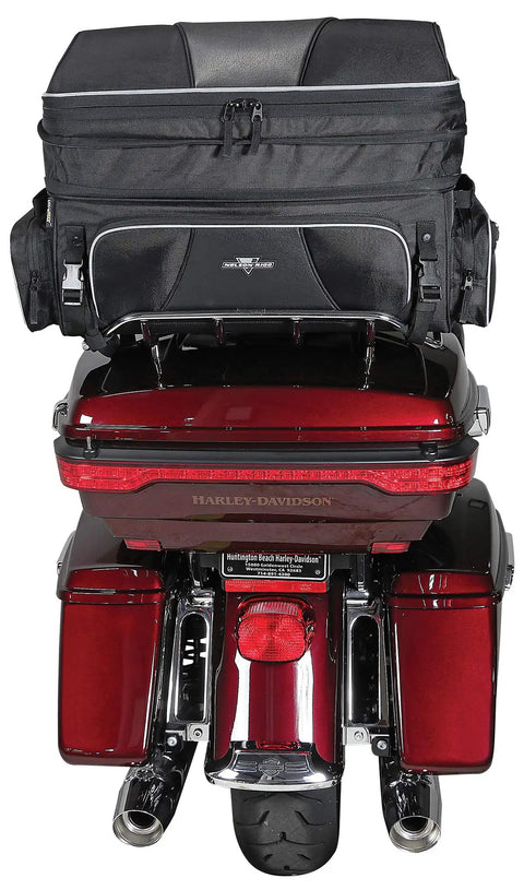 Route 1 Traveler Tour Trunk Bag for Motorcycles on Harley Davidson, black UltraMax fade-resistant material, mounted on red bike