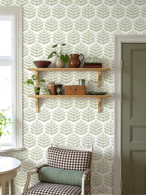 Easy Peel And Stick Green Leaf Wallpaper For Walls Boho Floral Decal Removable Vinyl Wall Covering With Zero Residue Backing installed in a cozy room.