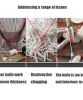Crinkle cutter kitchen tool collage showing uneven chopping, shredded potatoes, and thick potato slices.