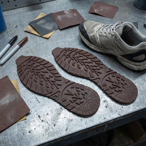 2 Pack Heavy Duty Rubber Sole Replacement Patches For Work Boots And Casual Sneakers on a workshop table with tools and sneaker.