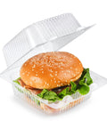 Clear Clamshell Grab And Go Containers 100 Pack With Hinged Lids, holding a burger with lettuce inside the clear plastic box