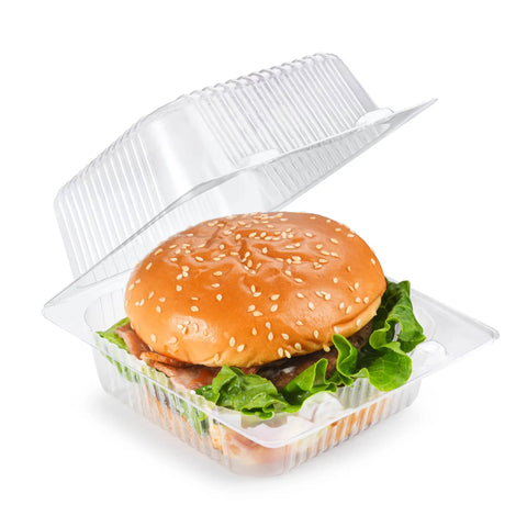 Clear Clamshell Grab And Go Containers 100 Pack With Hinged Lids, holding a burger with lettuce inside the clear plastic box