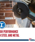 6 Inch Cut Off Wheel For Metal And Stainless Steel used on grinder, sparks flying for high performance cutting, labeled 'Weiler'