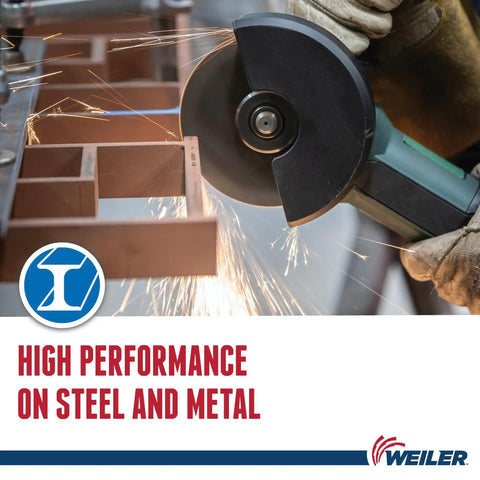 6 Inch Cut Off Wheel For Metal And Stainless Steel used on grinder, sparks flying for high performance cutting, labeled 'Weiler'