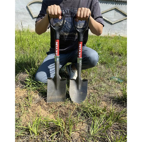 Two Piece Mini Garden Shovel Set With Fiberglass Short Handles, 14 Gauge Steel Blades, D Grip, Rust Resistant Finish