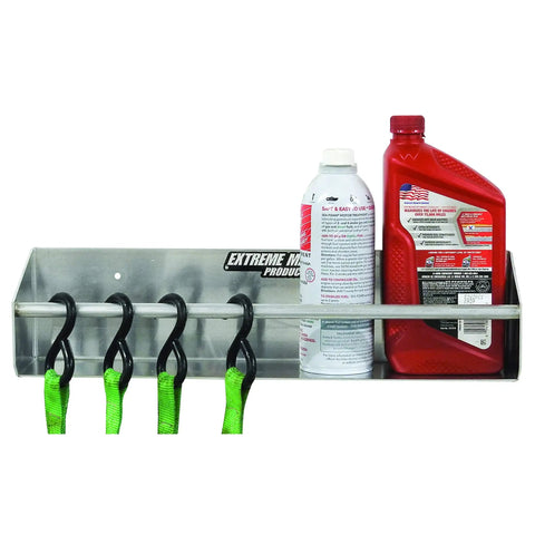 Wall Mount Aluminum Tie Down Hanger Storage Rack Shelf For Enclosed Trailer, Shop, Or Garage, holding aerosol can and jug