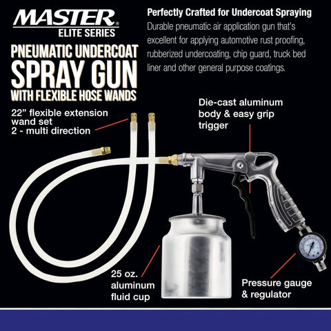 Street Ready Heavy Duty Pneumatic Undercoating Spray Gun With Adjustable Regulator And Beefy 25 Oz Suction Cup For Rust Proofing Truck Bed Liners Plus Slick Auto Finishes with flexible hose wands and pressure gauge.