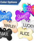 Colorful stainless steel pet ID tags with names, bone shape, custom engraving on both sides, durable for dogs and cats