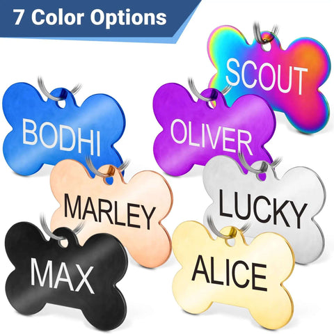 Colorful stainless steel pet ID tags with names, bone shape, custom engraving on both sides, durable for dogs and cats
