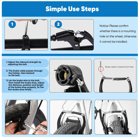 Installation guide for V-Type Bike Brake Set With Front And Rear Calipers showing steps for universal MTB brakes setup.