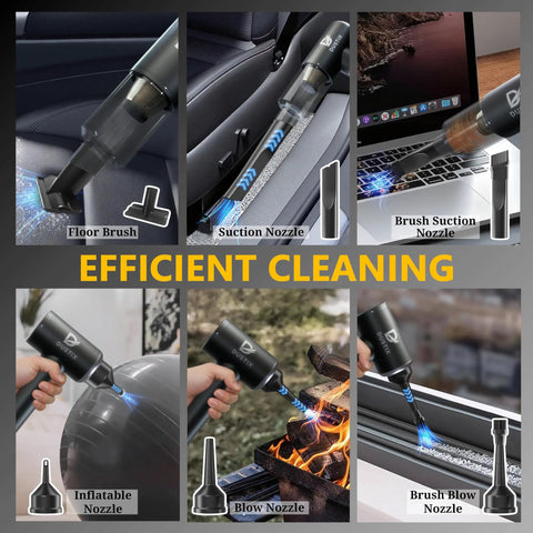 Cordless Mini Car Vacuum Handheld Cleaning Kit With Brushless Motor Type C Rechargeable showing various nozzle uses