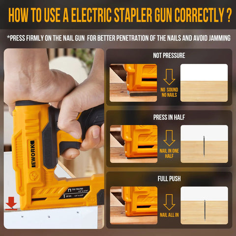 Instructions for using Electric Stapler And Nail Gun Kit For DIY Projects And Upholstery Corded 120V with safety features.