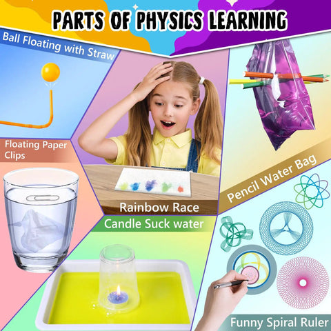 110 Hands On Science Experiments Kit For Kids showcasing physics concepts with items like straw, rainbow race, and spiral ruler.