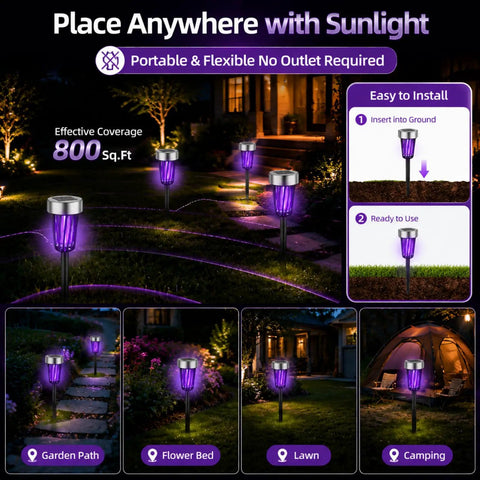 Solar Powered Outdoor Bug Zapper Beast Mosquito Trap For Yard And Garden With Purple And White Lights, Auto On At Dusk, Weatherproof Insect Killer For Patio Backyard Pathway installed along garden pathway at night.