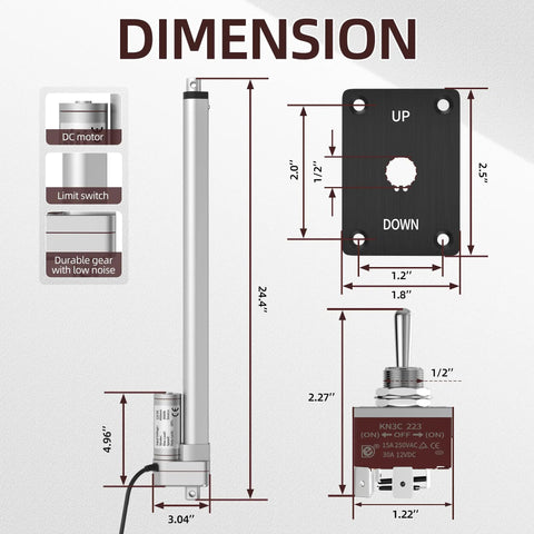 Beefy 12V Linear Actuator 660lbs Load With 18 Inch Stroke And 5mm Per Second Speed dimensions and components illustration